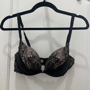 Victoria's Secret Black Lace Rhinestone Padded Push Up Bra 36C Plunge Underwire